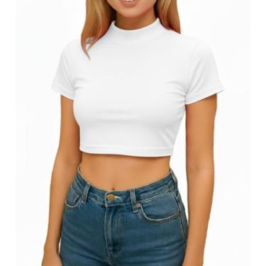 Imagem de Cropped Feminino Gola Alta Manga Curta - MARISLOIRO, Branco, P