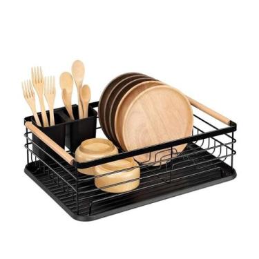 Imagem de Escorredor de Louças Pratos Metal Com Madeira 43x32cm Com Cesto Tuut, 