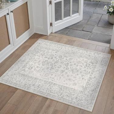 Imagem de PureCozy Tapete de entrada cinza 5 x 7 cm lavável à máquina tapete de porta vintage envelhecido antiderrapante interior retrô floral acento pequeno tapete para banheiro, escritório, quarto, sala de