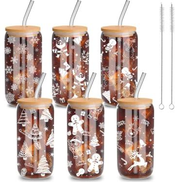 Imagem de Yetene 6 peças de copos de vidro de Natal 473 ml canecas de Natal xícara de café de Natal com tampa copo de vidro com tampa de bambu e canudo Papai Noel copo de árvore de Natal presente para mulheres