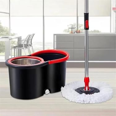 Imagem de Mop desaguador automático giratório 360° Cabo aço Inox Cesto aço Inox com balde(Inox Preta)