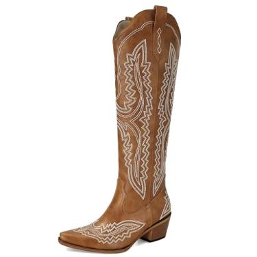 Imagem de SOVANYOU Botas femininas caubói ocidentais bico fino amêndoa salto bloco brilhante cowgirl bota alta, Marrom, 41