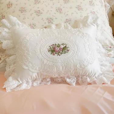 Imagem de Zinowas Fronhas de cetim com zíper, capa de travesseiro de renda bordada, fronhas de seda com babados, fronha de cetim branco 12 x 20