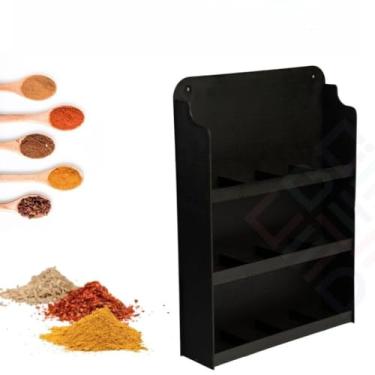 Imagem de Prateleira Porta Condimentos Suporte Em Madeira Porta Tempero de Parede 12 Potes de Plástico(GRANDE (SEM 12 POTES) Preto)