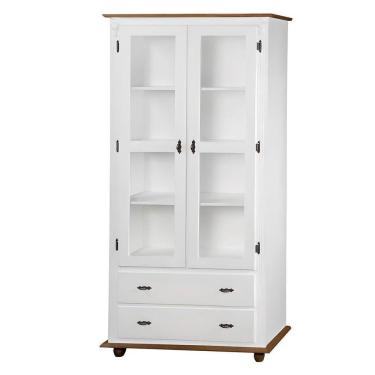 Imagem de Cristaleira Rústica De Madeira 2 Portas E 2 Gavetas Com Pés Torneados - Branco Laca Com Tampo E Base Imbuia Glazer