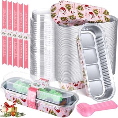 Imagem de Tioncy 50 peças de mini formas de pão com tampas, colheres de 200 ml, retangulares, de folha de alumínio, para assar, recipientes, ramequins descartáveis, copos, muffin, cupcake, para mini bolo, pão