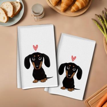 Imagem de 2 peças de toalhas de cozinha fofas de dachshund 35 x 61 cm, toalha de prato decorativa de microfibra absorvente, toalhas de mão de waffle para cozinha, casa, banheiro, presentes para amantes de cães