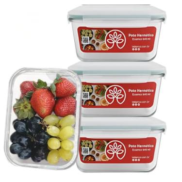 Imagem de Kit 3 Potes de Vidro Herméticos, 1040ml, Marmita, Kit com 3 Unidades, Tampa 4 Travas, Resistente até 420°C, para Alimentos, Marmitas e Freezer