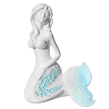 Imagem de Zonling Estatueta de sereia – Estátua de sereia com cauda de mosaico azul de 11 cm, tema de praia, decoração de casa para sala de estar, jardim, mesa de escritório