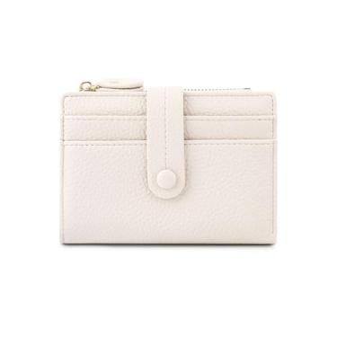 Imagem de Carteira feminina pequena, dobrável, de couro com bloqueio de RFID, porta-moedas com janela para identidade e porta-cartão de crédito, Branco, liso