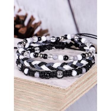 Imagem de Pulseiras de amizade trançadas Boho para homens e mulheres — Conjunto de pulseiras empilháveis de corda tecida ajustável, pulseira de surfista feita à mão, preta, branca, cinza, presente de joias