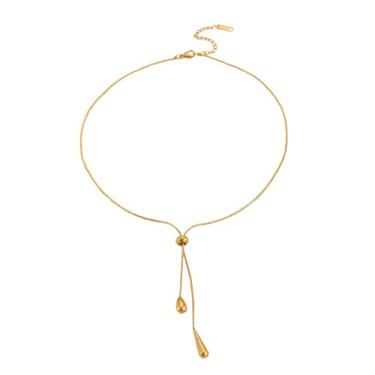 Imagem de Navirix Colar feminino delicado com pingente de gota Lariat dourado simples e ajustável em Y, colar exclusivo de gota d'água, acessórios de joias, Large, Metal, Sem Pedra Preciosa