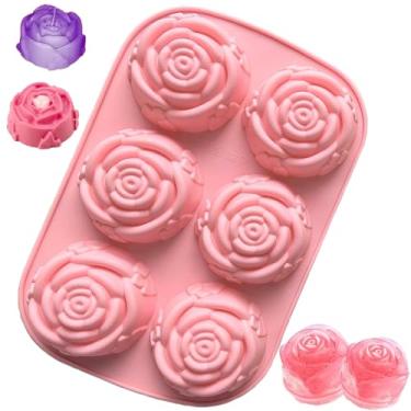 Imagem de Forma de cubo de gelo rosa para cubos de gelo, 6 cavidades 3D em forma de flor, forma de gelo, forma de gelo de silicone de fácil liberação para resfriar coquetéis de uísque, bebidas, doces e