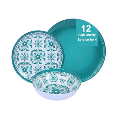 Imagem de Conjunto de louça de melamina para pratos e tigelas de 4 a 12 peças, conjunto de pratos leve inquebrável para uso interno e externo, pode ser lavado na lava-louças, flores verdes