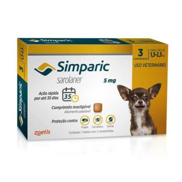 Imagem de Antipulgas e Carrapatos Simparic 5 mg para Cães de 1,3 a 2,5 kg com 3 