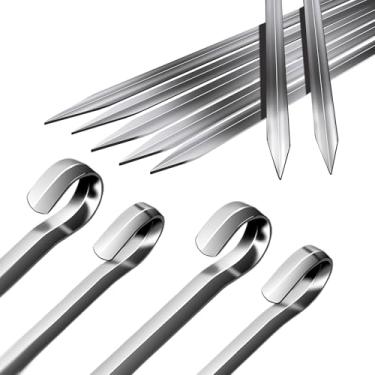Imagem de Espetos de Kabob de 35,8 cm de aço inoxidável para churrasco de aço inoxidável Conjunto de espetos de grelhar largos reutilizáveis para carne camarão vegetal, conjunto de 10 com caixa cilíndrica