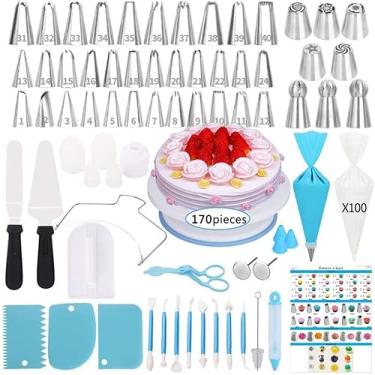 Imagem de Kit de Ferramentas para Decorar Bolos Conjunto 170 Peças Materiais Confecção com Giratória Bicos Massa Sacos Creme Confeiteiro Pontas Recheio Bolo