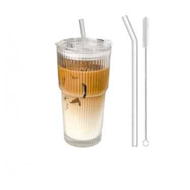 Imagem de Conjunto de 1 peça - copo de vidro de 590 ml com canudo e tampa (vem com uma escova de palha), adequado para água gelada, suco, chá, leite, xícaras de café gelado, uísque e cerveja. Uma escolha de