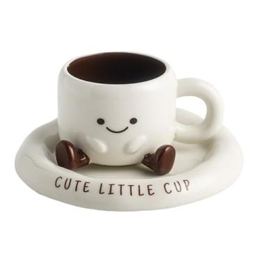 Imagem de FTNESGYM Caneca de café de cerâmica com conjunto de pires, caneca de cerâmica 3D fofa de 200 ml com pires, xícaras de café expresso de rosto sorridente para café chá, chocolate quente, seguro para