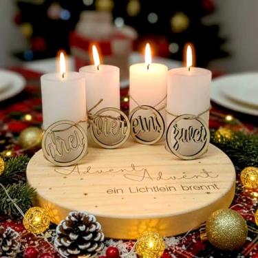 Imagem de 4 peças de suporte de velas do advento com 4 velas de pilares de madeira guirlanda do advento da natividade anel de guirlanda de natal decoração de centro de mesa decoração de centro de mesa decoração