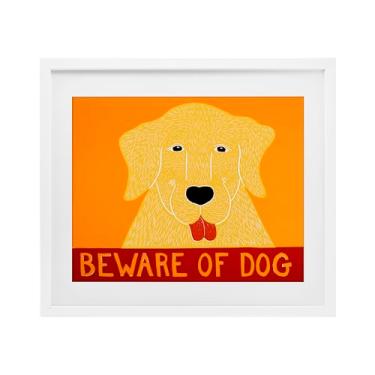 Imagem de Stupell Industries Beware Of Dog Impressão emoldurada de bétula amarela e vermelha sob vidro, design de Stephen Huneck, 13 x 16