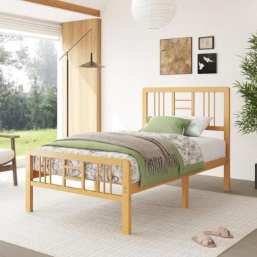 Imagem de Sementa Moldura de cama de solteiro de madeira de bambu de 35,5 cm com cabeceira e pé, estrutura de cama de suporte de ripas de metal, resistente, sem necessidade de mola box, fácil montagem, sem