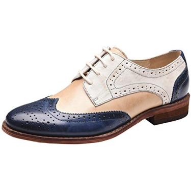 Imagem de U-lite Sapato Oxford Oxford feminino com cadarço perfurado e ponta de asa de couro multicolorido vintage, Branco, azul, 40