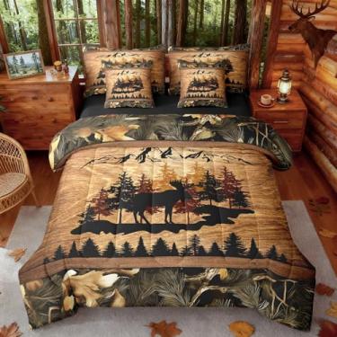 Imagem de Conjunto de cama com 7 peças, alce animal, pinheiros, listras de madeira, retrô, rústico, casa de fazenda, edredom para todas as estações, lençol de cima, 2 fronhas, 2 fronhas, tamanho Queen