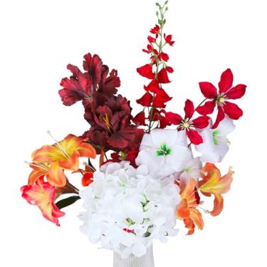 Imagem de Domigard Conjunto de 7 buquês de flores artificiais, com 7 tipos de flores falsas para buquês faça você mesmo, arranjo floral, decoração de casa de casamento (sonho ardente)