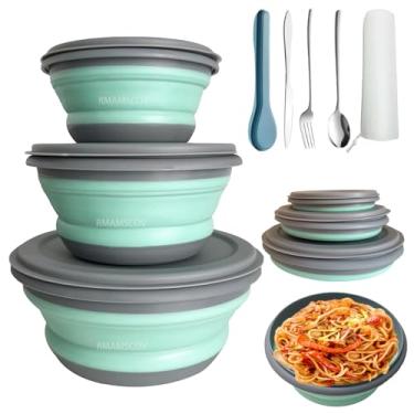 Imagem de RMAMSCOV Tigela de acampamento dobrável com tampa, tigela de salada de silicone, pratos expansíveis de ramen de sopa dobrável para micro-ondas, para viagens, piquenique, trailer (azul novo com Kinfe)