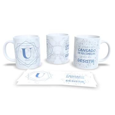 Imagem de Caneca de Cerâmica Personalizada com Monograma e Frase Motivacional, Mármore Branco e Azul, 325ml, Design Geométrico (u)