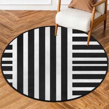 Imagem de Tapete redondo de 1,5 m preto e branco, simples, macio, antiderrapante, lavável, tapete circular para quarto, berçário, sala de estar, cozinha, banheiro, entrada, decoração de casa
