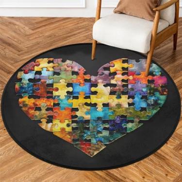 Imagem de Tapete redondo de 1,5 m Love Autismo, colorido, macio, círculo, antiderrapante, lavável, tapete circular para quarto, berçário, sala de estar, cozinha, banheiro, entrada, decoração de casa