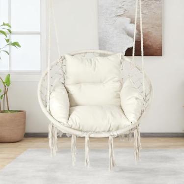 Imagem de LEX CRAFT Cadeira de balanço de corda suspensa com almofada – Max 150 kg, rede resistente para quarto, varanda, varanda - branca (branco1)