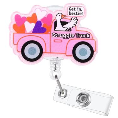 Imagem de Get in, Bestie! Carretel de crachá engraçado Silly Goose Struggle Truck Enfermeira, porta-crachá retrátil para cartão de identificação, clipe de crachá rosa para RN LPN CNA MA Enfermeira Estudante de