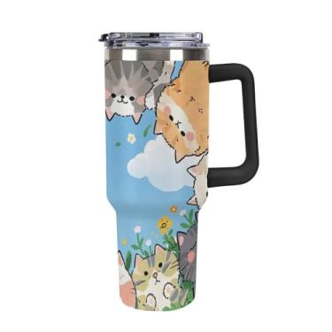 Imagem de Copo de café fofo de 1,134 g para carro de gato copo Stanley de grande capacidade copo de aço inoxidável isolado a vácuo selado para suporte de copo de carro e ao ar livre à prova de vazamento e