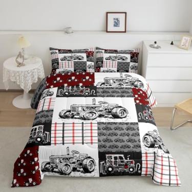 Imagem de Castle Fairy Conjunto de cama com desenho de trator agrícola, desenho preto, caminhão, para crianças, meninos, adolescentes, vermelho, cinza, branco, quadriculado, estilo rústico, estilo rústico