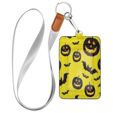 Imagem de Wassud Porta-crachá de couro PU Spooky Pumpkins and Bats com cordão, porta-cartão de identificação para trabalho, cordão de pescoço com compartimentos para cartões de crédito, funcionários, estudantes