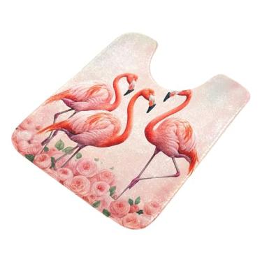 Imagem de Burbuja Tapete de banheiro flamingos rosa, tapete de banho absorvente de pelúcia macio, base de vaso sanitário antiderrapante para piso de banheiro, oval em forma de U