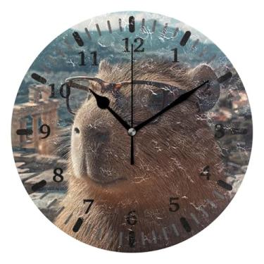 Imagem de CEBUGI Capybara Relógio de parede operado a bateria relógios redondos silenciosos sem tique-taque relógios de parede para cozinha, banheiro, quarto, escritório, decoração 25,4 cm