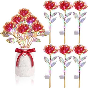 Imagem de Lyrow 6 peças de flores de LED com luzes de LED coloridas artificiais, arco-íris, galáxia, para namorada, mãe, dia das mães, aniversário, casamento, dia dos namorados, 24 cm (vermelho)