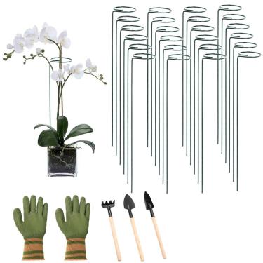 Imagem de IUMLXJO Pacote com 24 estacas de suporte de plantas de 40 cm com luvas de jardinagem e ferramentas de plantio, aros de suporte de flor de haste única de metal, estacas de plantas de jardim, suporte de