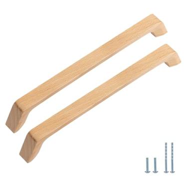 Imagem de Evionlin 2 puxadores de gaveta de madeira angulados de faia para armário de cozinha (orifícios centrais: 192 mm)