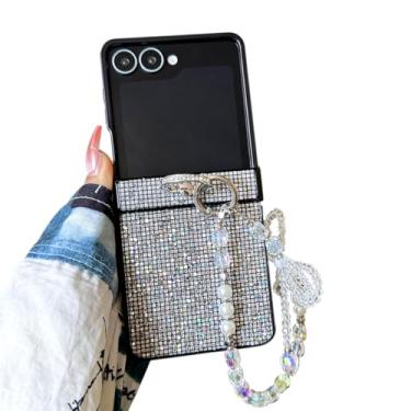 Imagem de GO-VOLMON Capa feminina fofa com alça para Samsung Galaxy Z Flip 7 com suporte de anel, capa brilhante para Galaxy Z Flip 7 com proteção de dobradiça, capa com pingente de glitter para Samsung, preta