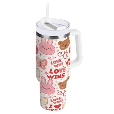 Imagem de Blueangle Copo isolado de 850 g com cara de coelho rosa dos namorados com alça e tampa de palha, caneca de viagem reutilizável de aço inoxidável (619)