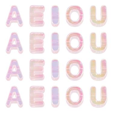 Imagem de FASHEWELRY Contas de letras grandes rosa cristal 50 peças de contas de acrílico colorido grande alfabeto vogal AEIOU espaçador contas de paracord para chaveiros, bolsa, kit de berloques, correntes de