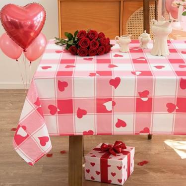 Imagem de MikiUp Toalha de mesa retangular quadriculada para o Dia dos Namorados – Toalha de mesa decorativa de coração de amor à prova d'água e lavável para festas, rosa 152 x 213 cm