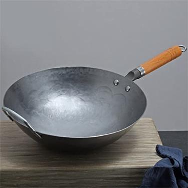Imagem de Conjuntos de utensílios de cozinha wok de ferro pesado tradicional forjado à mão panela antiaderente fogão a gás sem revestimento panelas de cozinha (cor: D, tamanho: 34 cm)