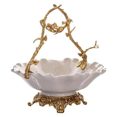 Imagem de fruteira cesta Tigela de frutas retrô chinesa feita à mão em cobre decorada com tigela de doces de porcelana na sala de estar bancada