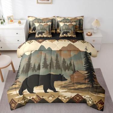 Imagem de Erosebridal Jogo de edredom King com estampa de urso e vida selvagem rústica em uma bolsa para caça na selva, reversível, rústico, casa de fazenda, respirável, leve
